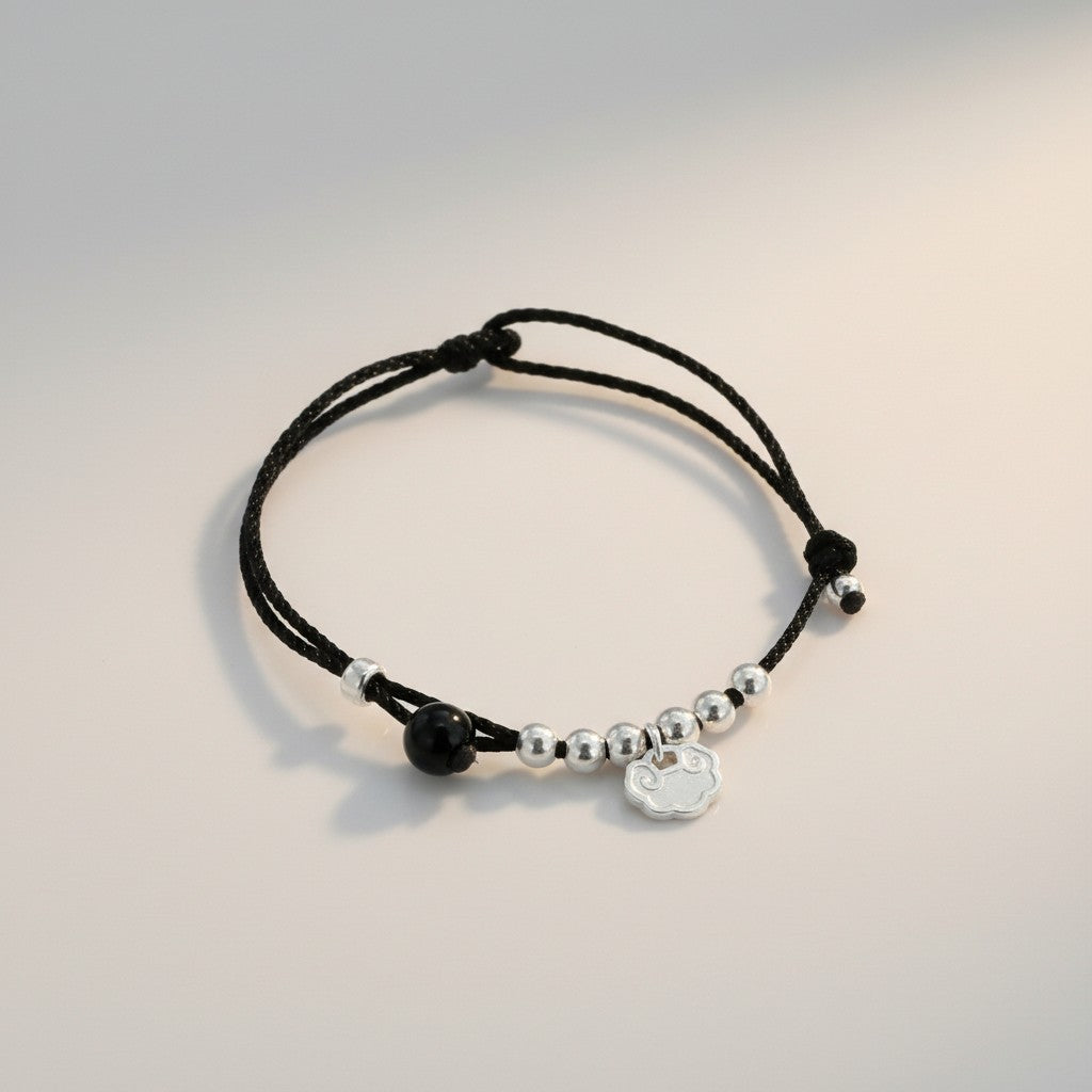 999 Fine Silver Chinese-Style Auspicious Cloud Lock Charm Braided Cord Bracelet Anklet