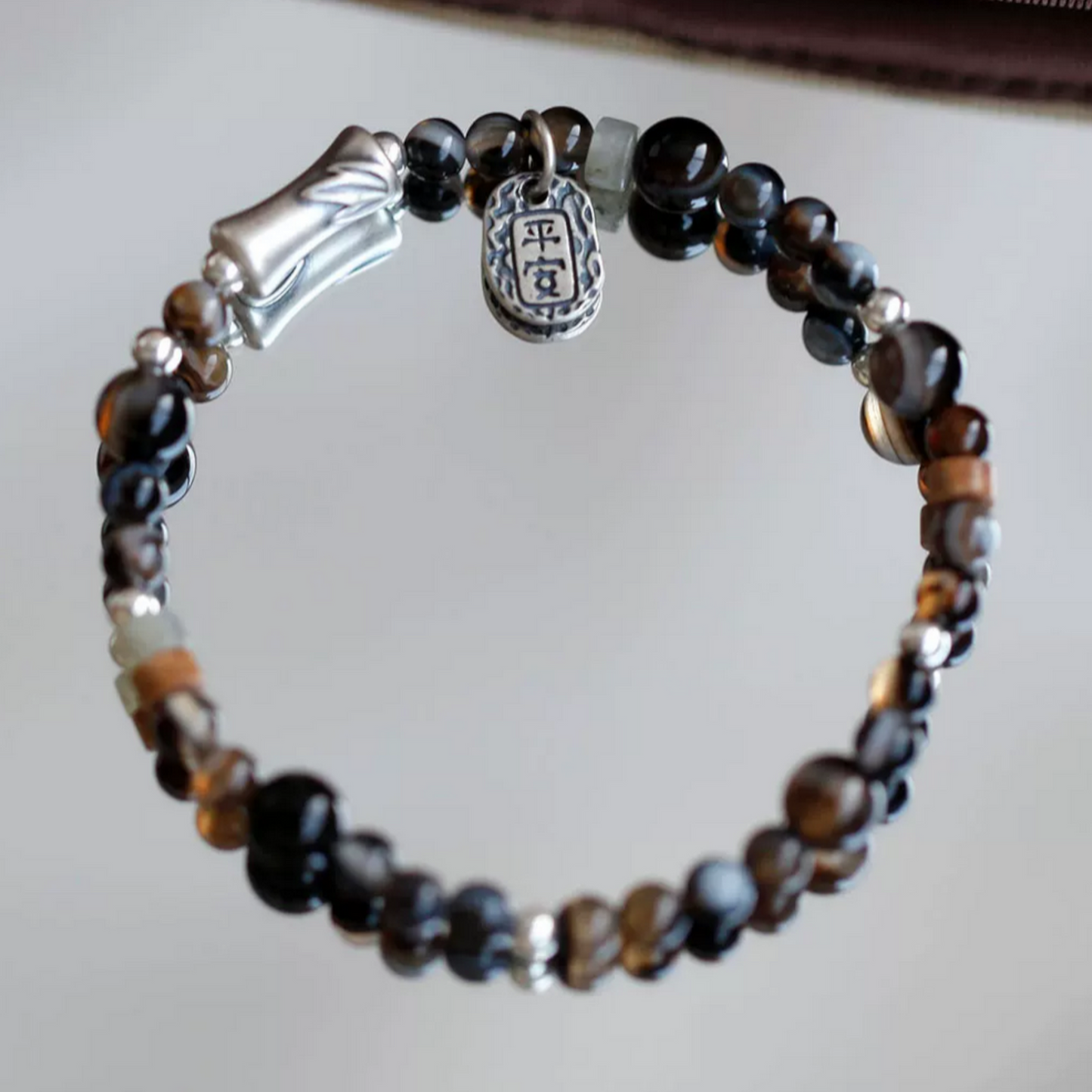 999 Fine Silver Bamboo-joint Charm Agate Natural Stone Beads Bracelet