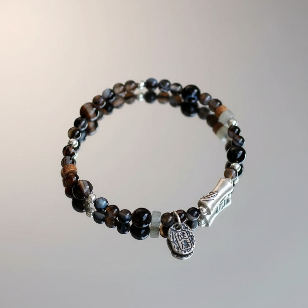 999 Fine Silver Bamboo-joint Charm Agate Natural Stone Beads Bracelet