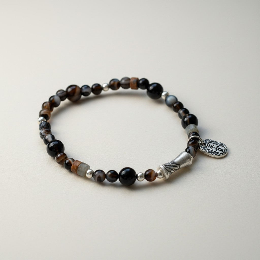 999 Fine Silver Bamboo-joint Charm Agate Natural Stone Beads Bracelet