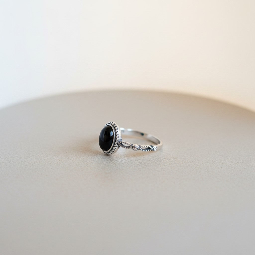 s925 Sterling Silver Black Agate Vintage Oval Minimal Gemstone Ring