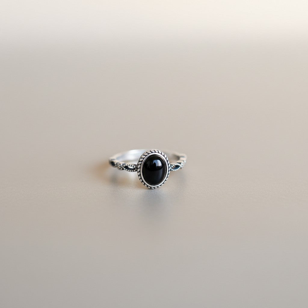 s925 Sterling Silver Black Agate Vintage Oval Minimal Gemstone Ring