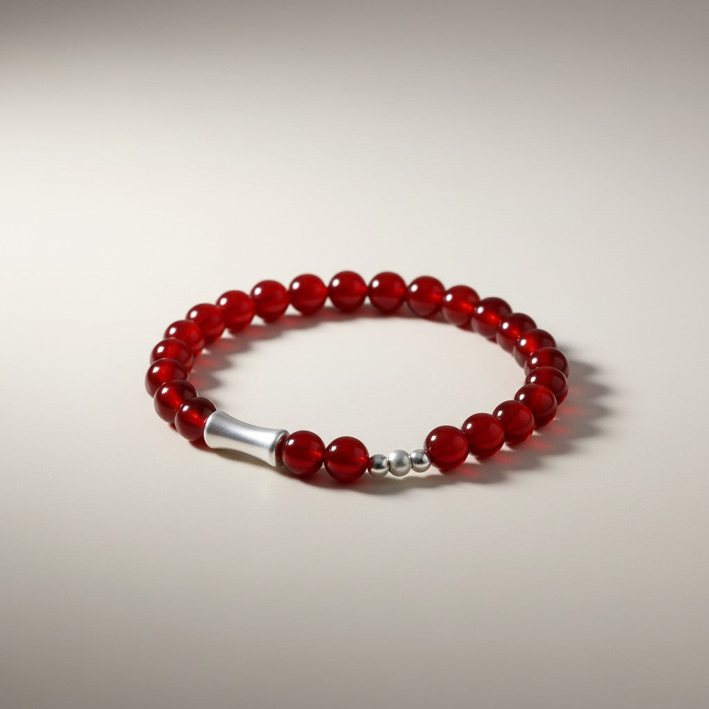 999 Fine Silver Bamboo Charm Natural Red Agate Feng Shui Beads Bracelet