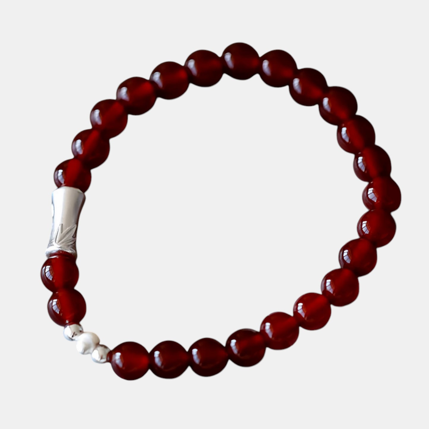 999 Fine Silver Bamboo Charm Natural Red Agate Feng Shui Beads Bracelet