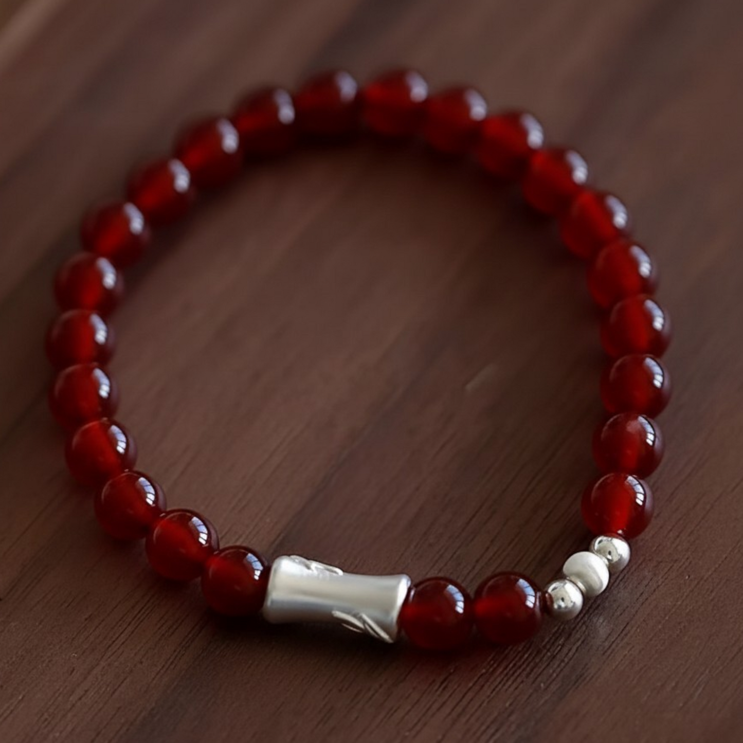 999 Fine Silver Bamboo Charm Natural Red Agate Feng Shui Beads Bracelet