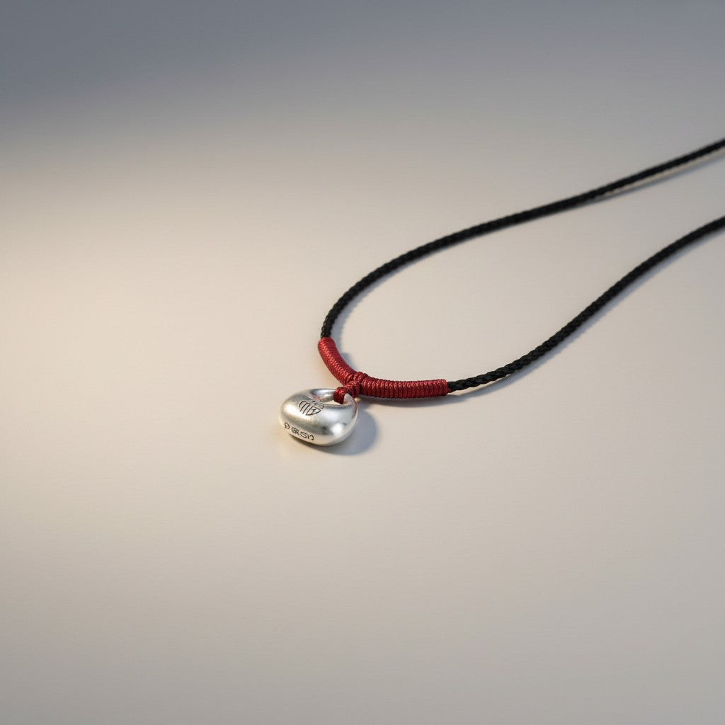 999 Fine Solid Silver Lucky Nugget Fu Blessing Charm Weaving Cord Necklace