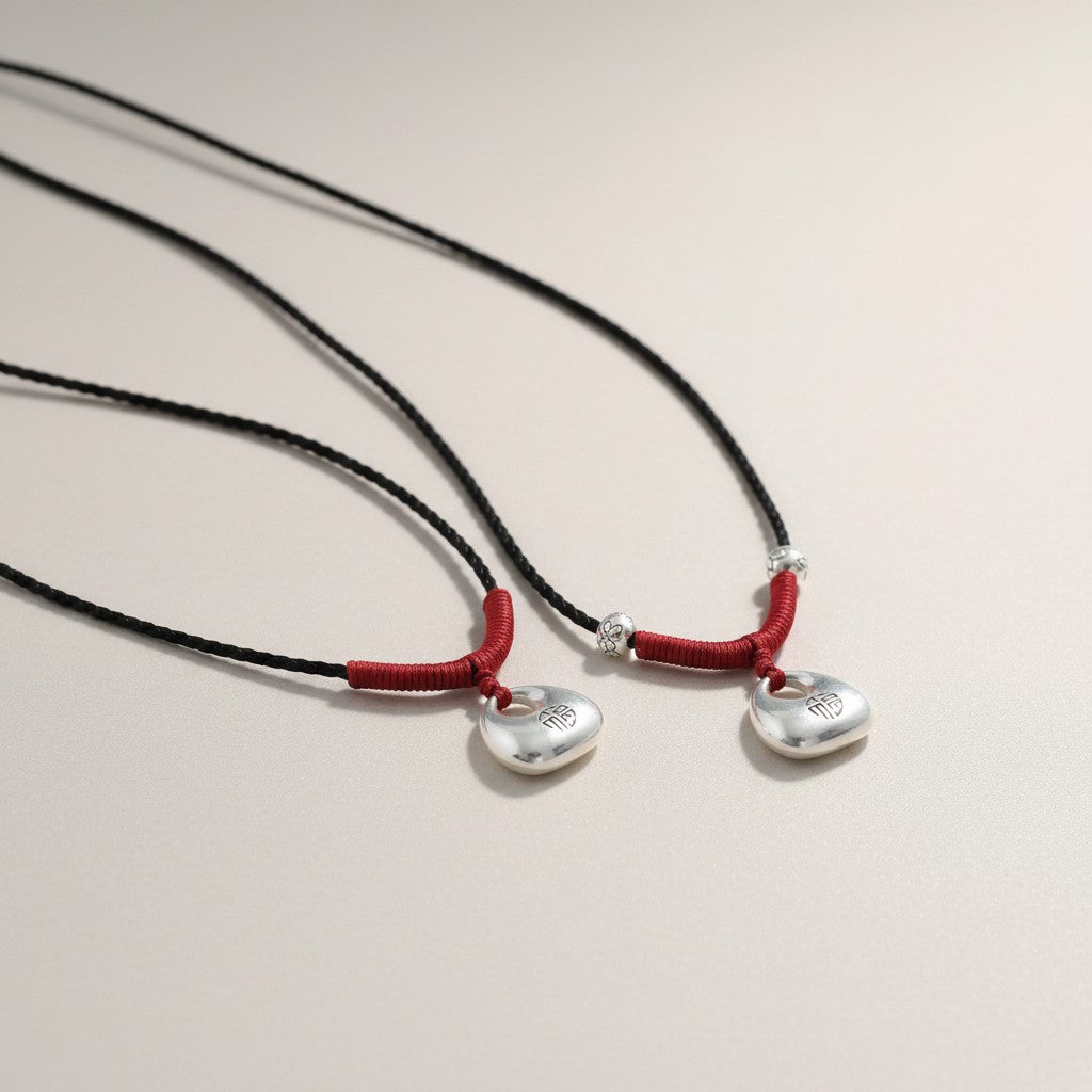 999 Fine Solid Silver Lucky Nugget Fu Blessing Charm Weaving Cord Necklace