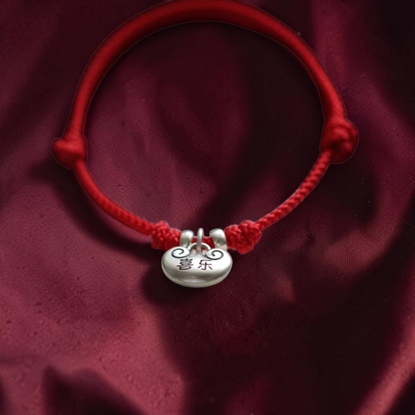 999 Fine Solid Silver Joy and Peace Chinese Lock Charm Weaving Cord Bracelet Anklet