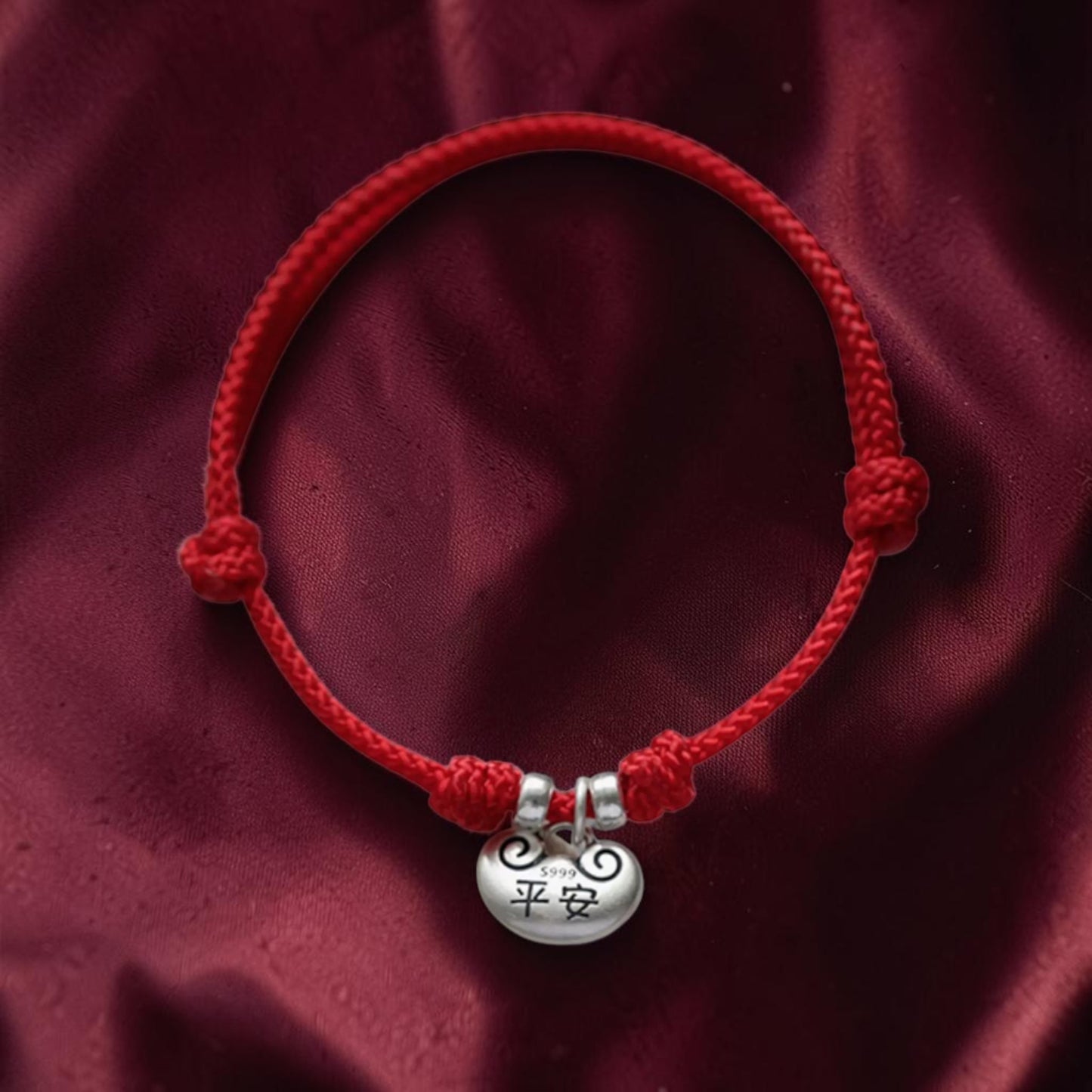 999 Fine Solid Silver Joy and Peace Chinese Lock Charm Weaving Cord Bracelet Anklet