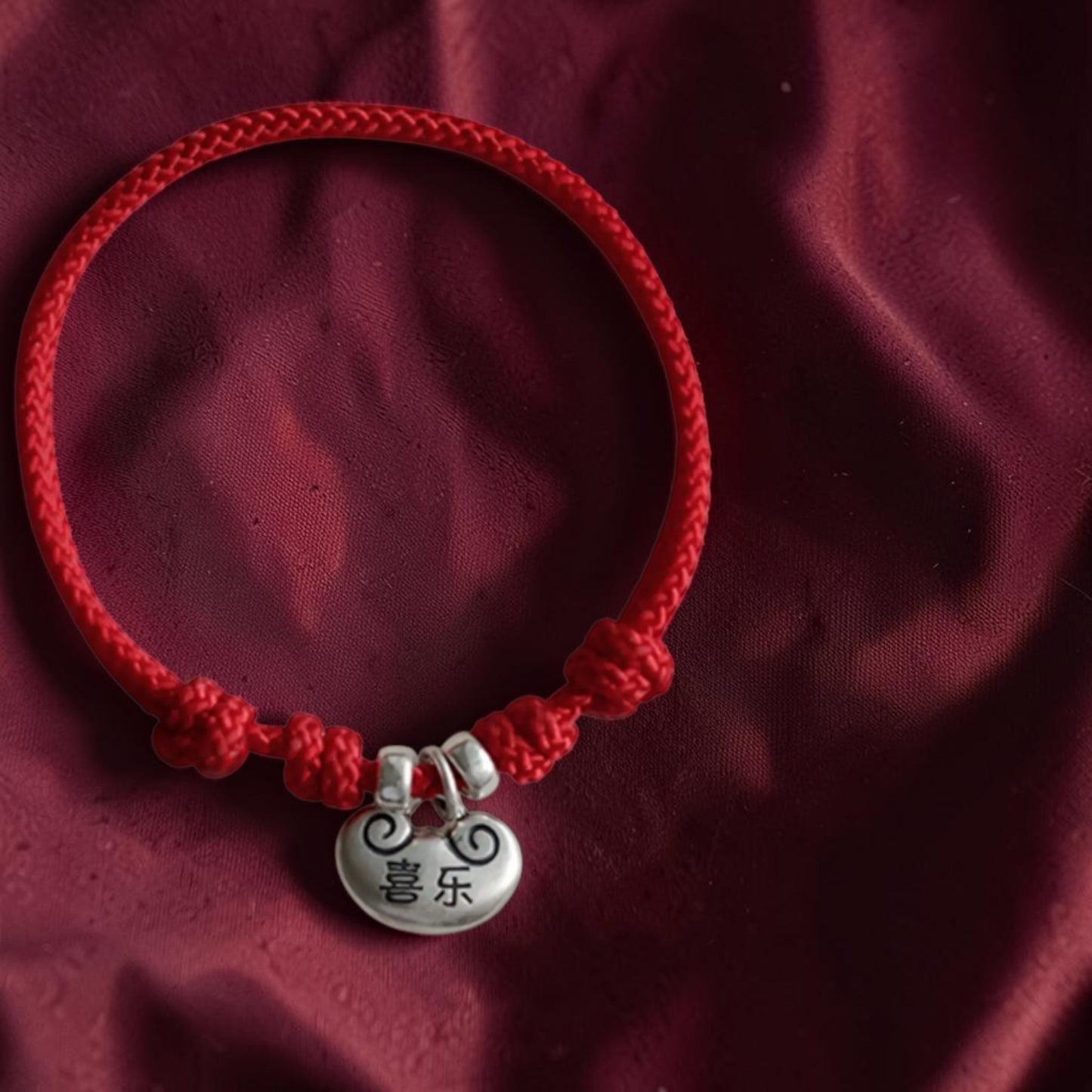 999 Fine Solid Silver Joy and Peace Chinese Lock Charm Weaving Cord Bracelet Anklet