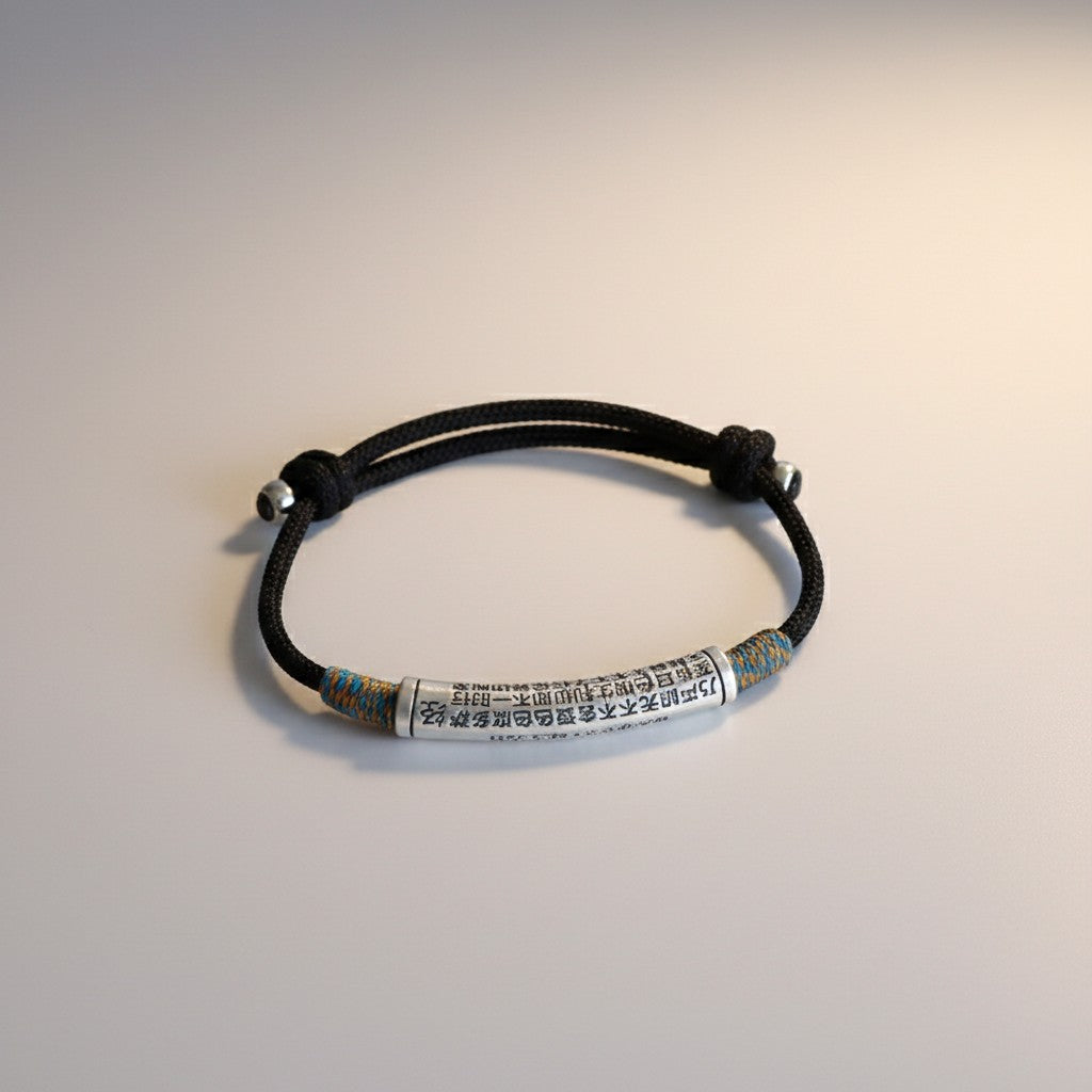 999 Fine Silver Curved tube Heart Sutra Charm Tibetan-style Weaving Unisex Bracelet