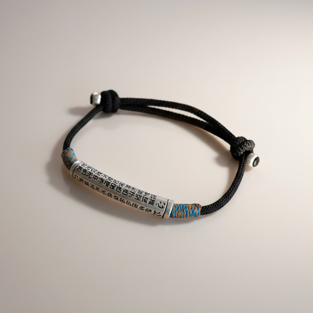 999 Fine Silver Curved tube Heart Sutra Charm Tibetan-style Weaving Unisex Bracelet