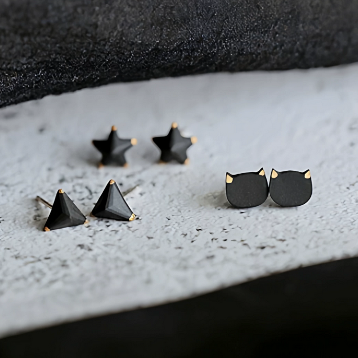 s925 Sterling Silver Mini Cute Cat Star Triangle Shape Unisex Stud Earrings