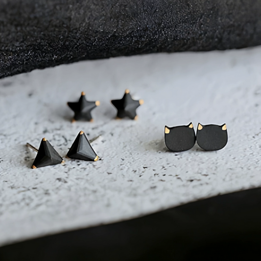 s925 Sterling Silver Mini Cute Cat Star Triangle Shape Unisex Stud Earrings