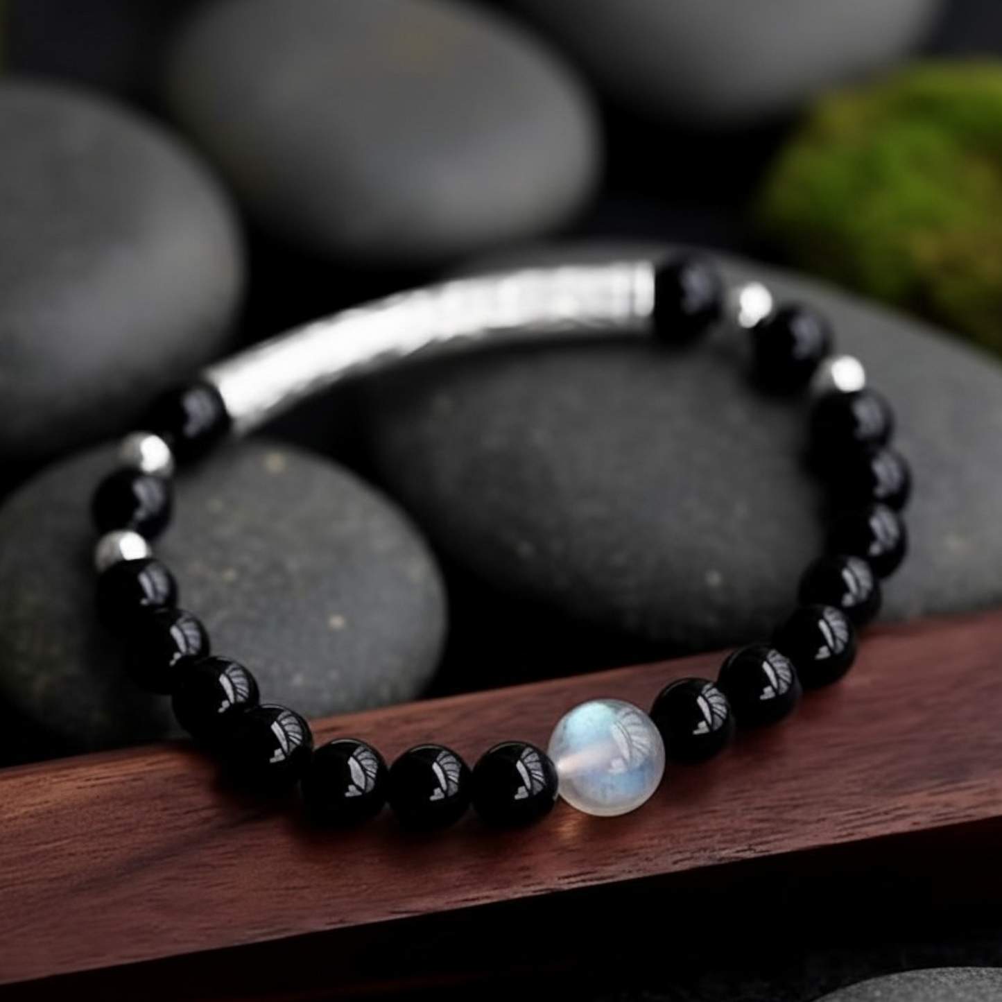 999 Fine Silver Blessing Tube Charm Black Agate Beads Moonstone Fortune Unisex Bracelet