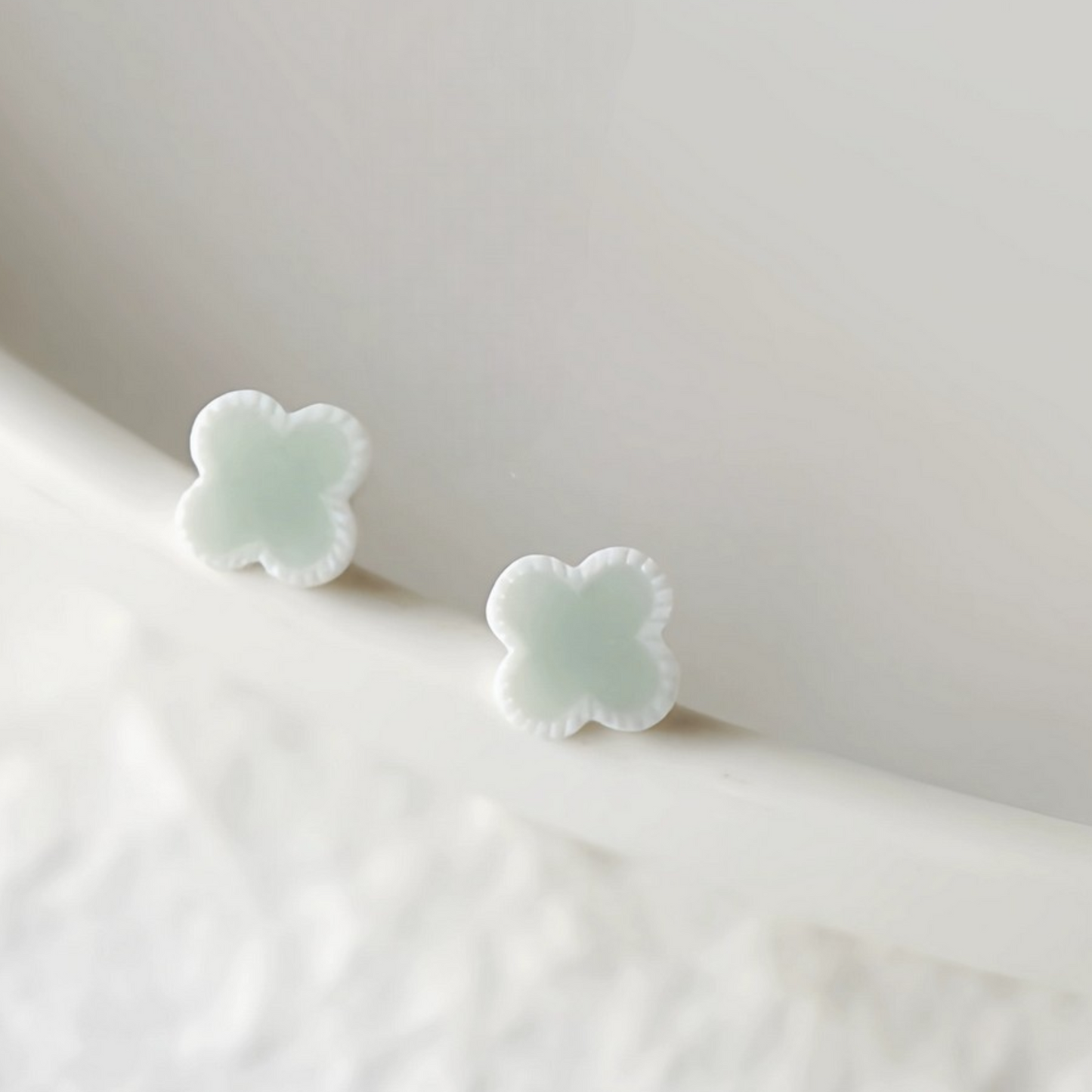 s925 Sterling Silver Post Artsy Mint Misty Rain Ceramic Clover Leaf Stud Earrings