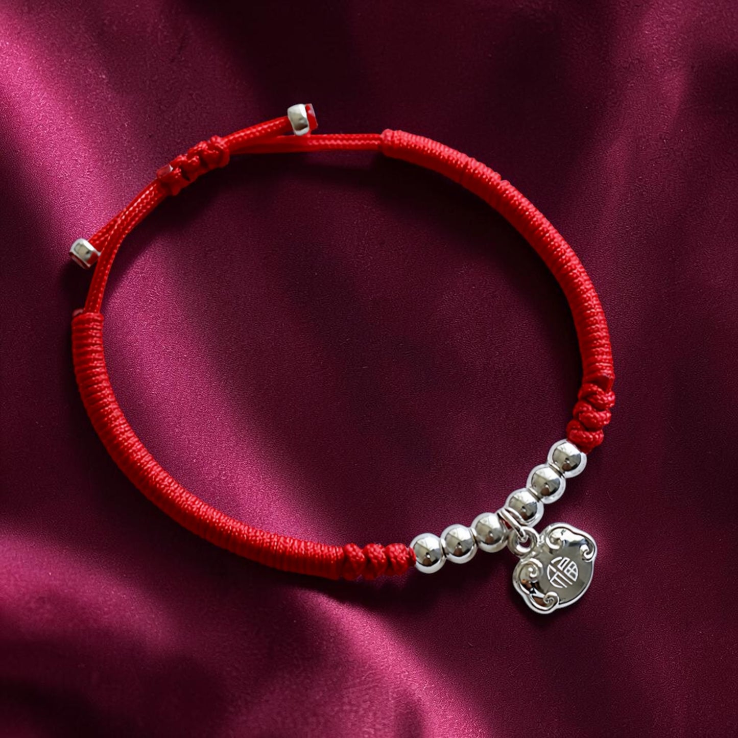 999 Fine Solid Silver Ruyi Fortune Lock Charm Weaving Cord Bracelet