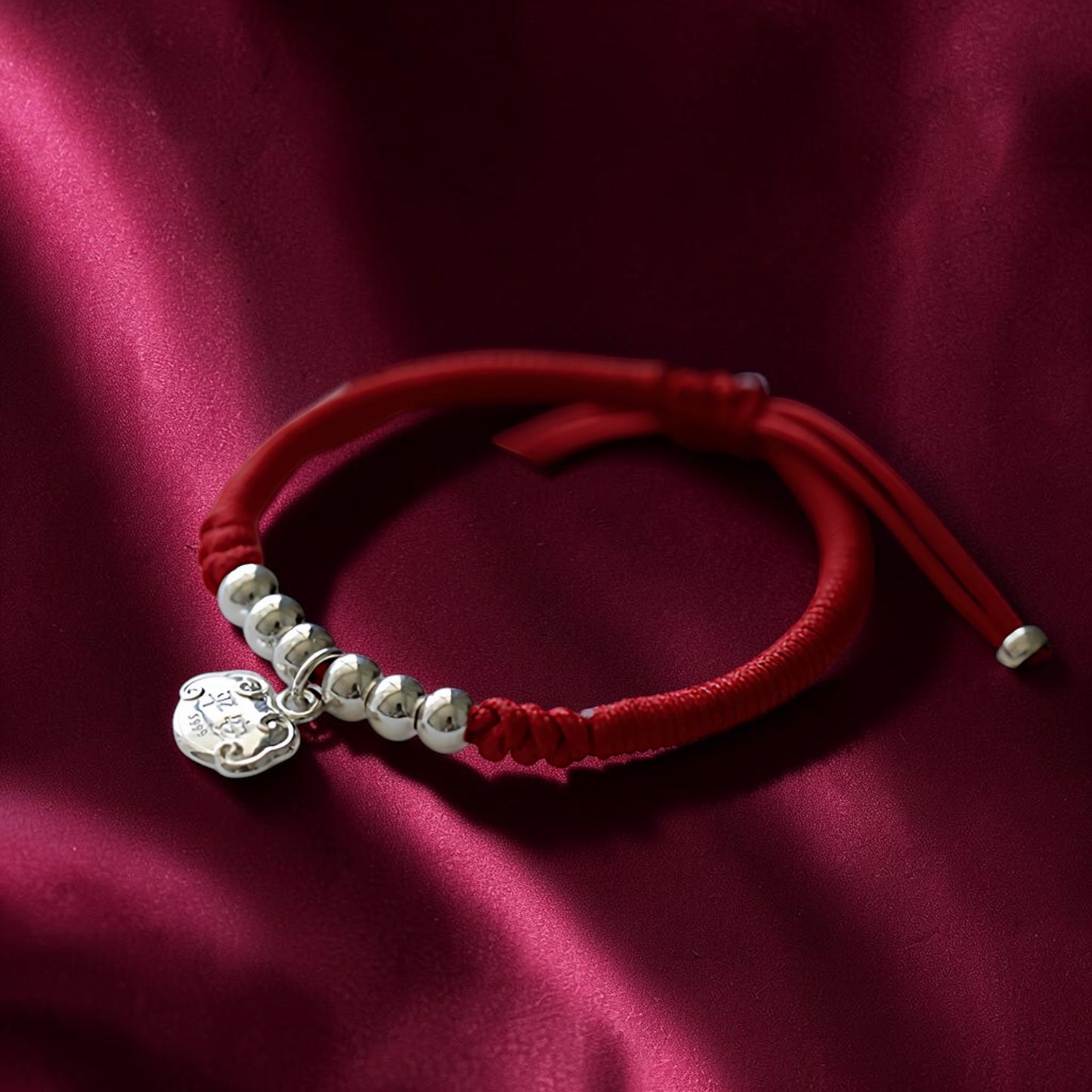 999 Fine Solid Silver Ruyi Fortune Lock Charm Weaving Cord Bracelet