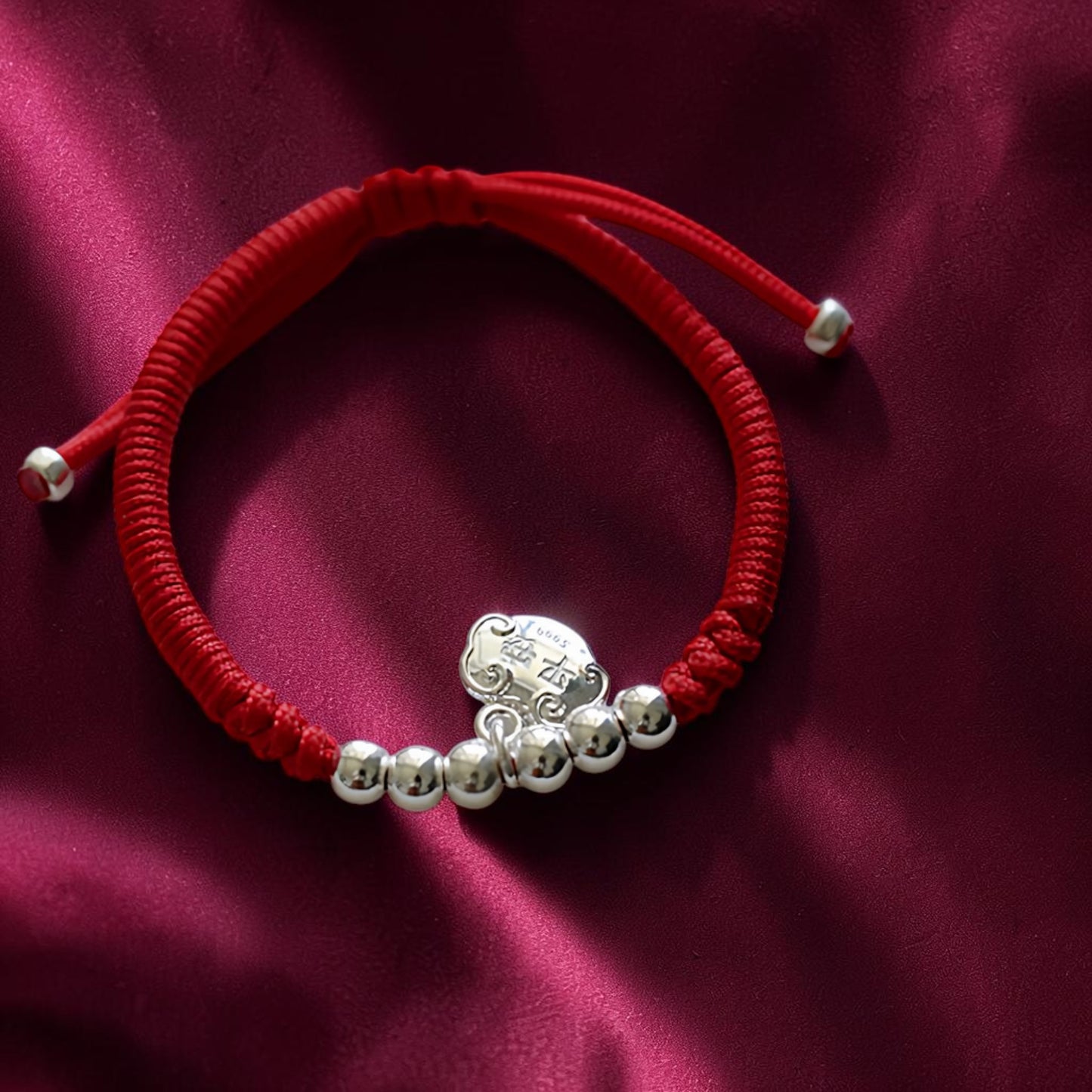 999 Fine Solid Silver Ruyi Fortune Lock Charm Weaving Cord Bracelet