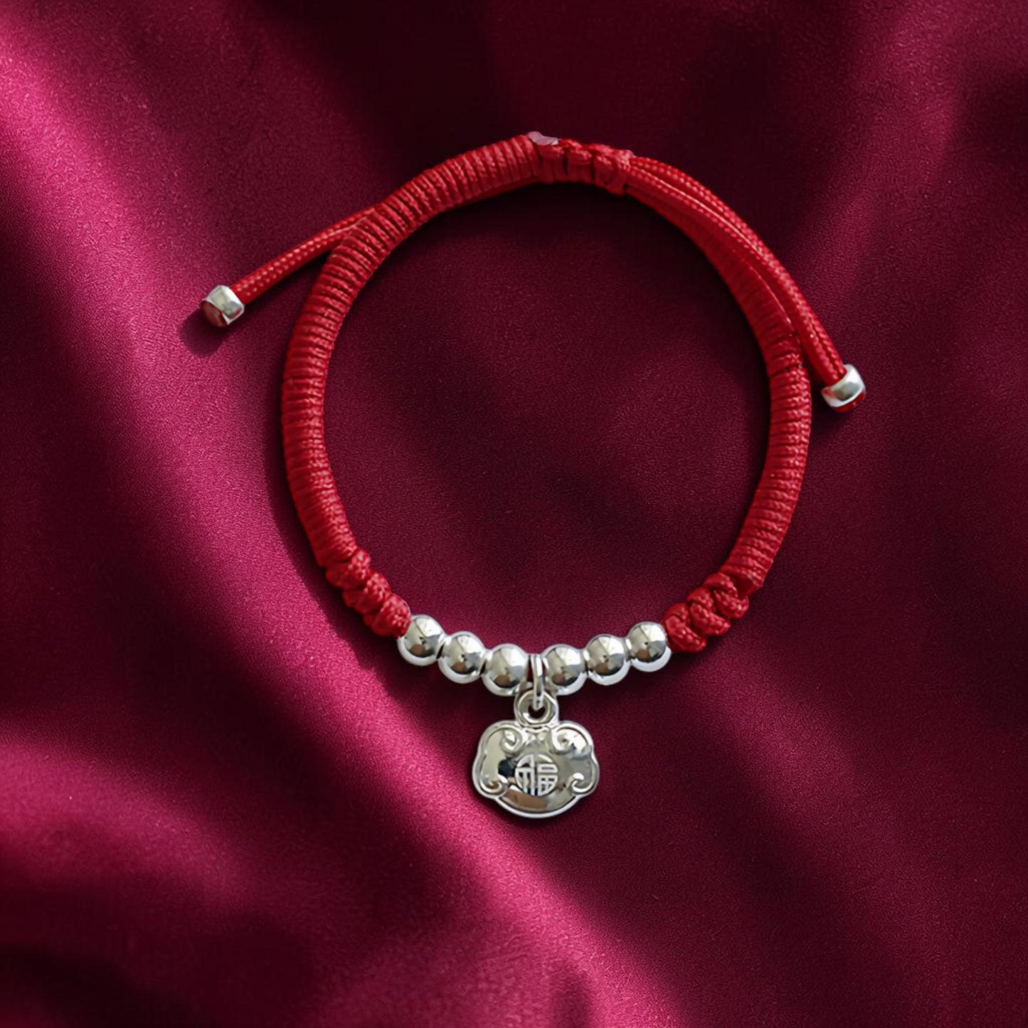 999 Fine Solid Silver Ruyi Fortune Lock Charm Weaving Cord Bracelet