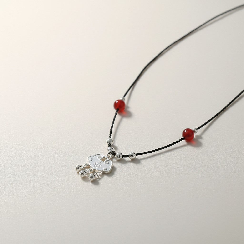 999 Fine Solid Silver Longevity Fortune Lock Agate Beads Charm Cord Necklace