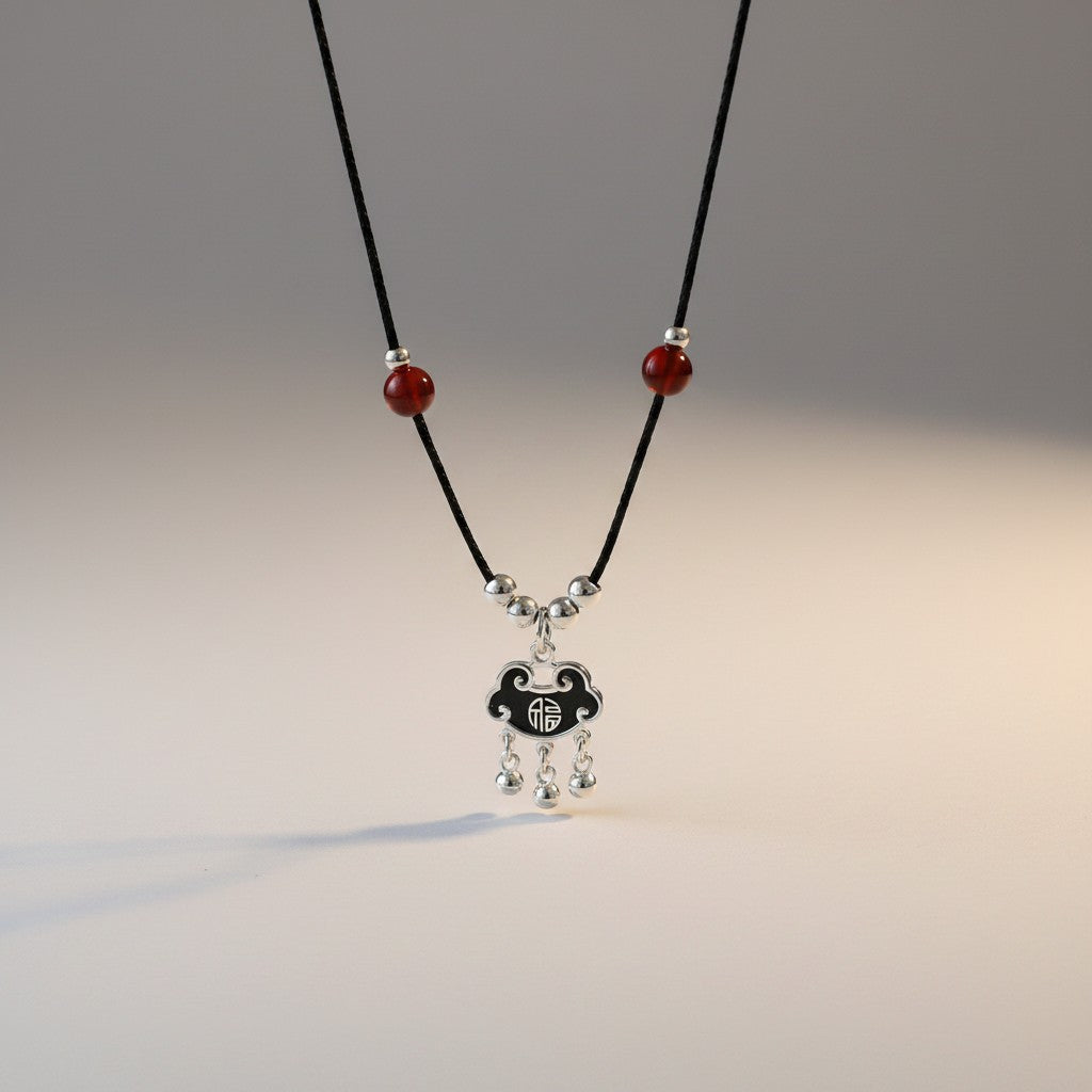 999 Fine Solid Silver Longevity Fortune Lock Agate Beads Charm Cord Necklace