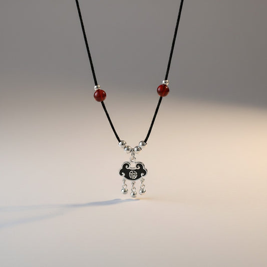 999 Fine Solid Silver Longevity Fortune Lock Agate Beads Charm Cord Necklace