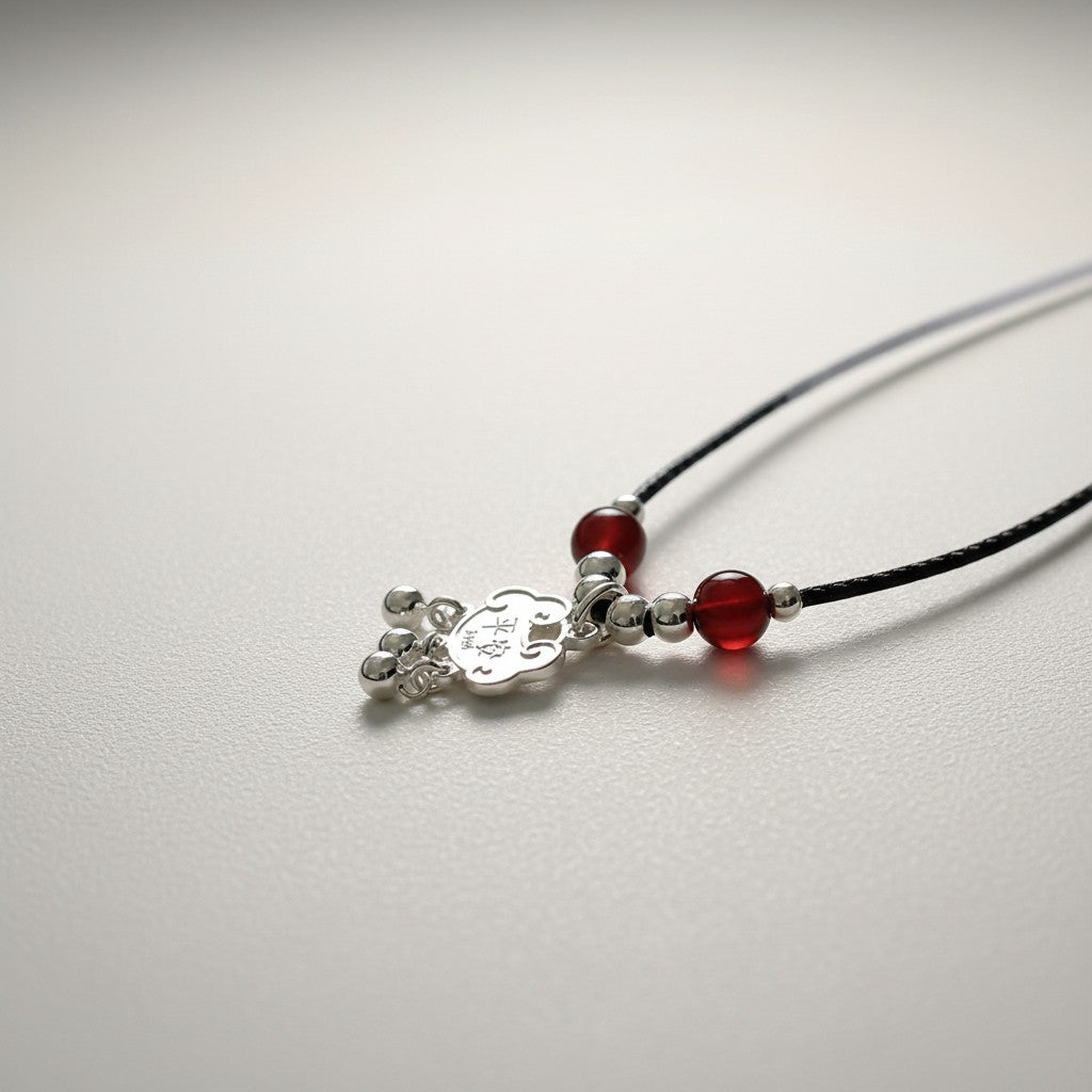 999 Fine Solid Silver Longevity Fortune Lock Agate Beads Charm Cord Necklace