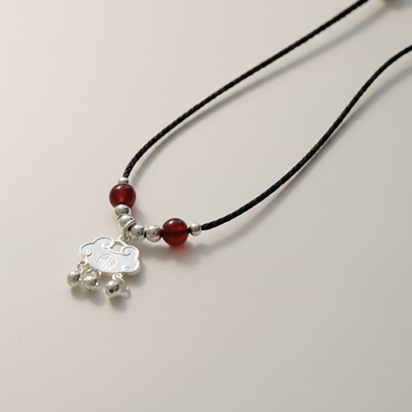 999 Fine Solid Silver Longevity Fortune Lock Agate Beads Charm Cord Necklace