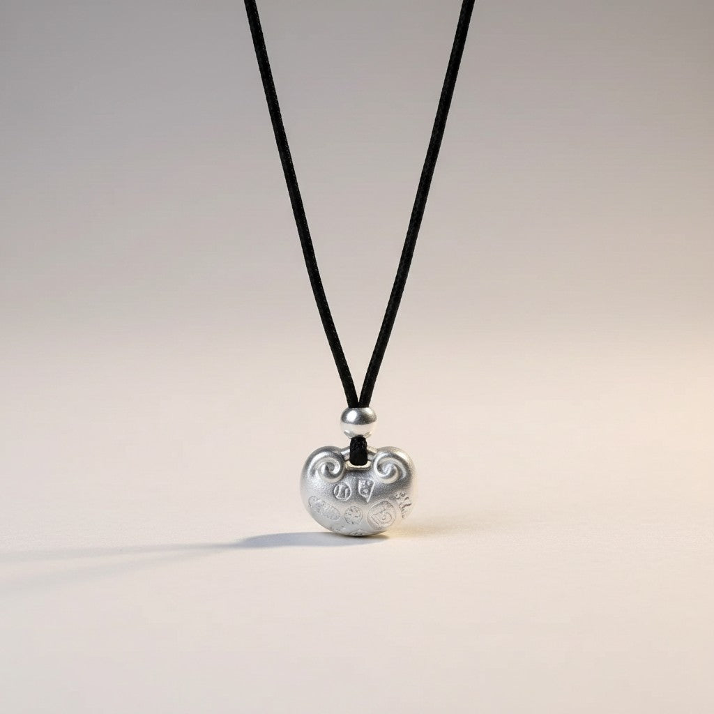 999 Fine Silver Peace Lock Pendant Blessing Charm Cord Necklace