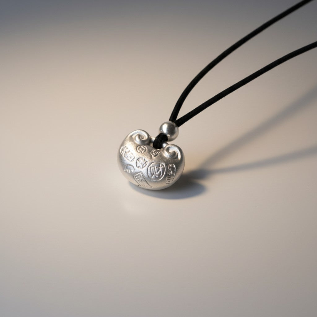 999 Fine Silver Peace Lock Pendant Blessing Charm Cord Necklace