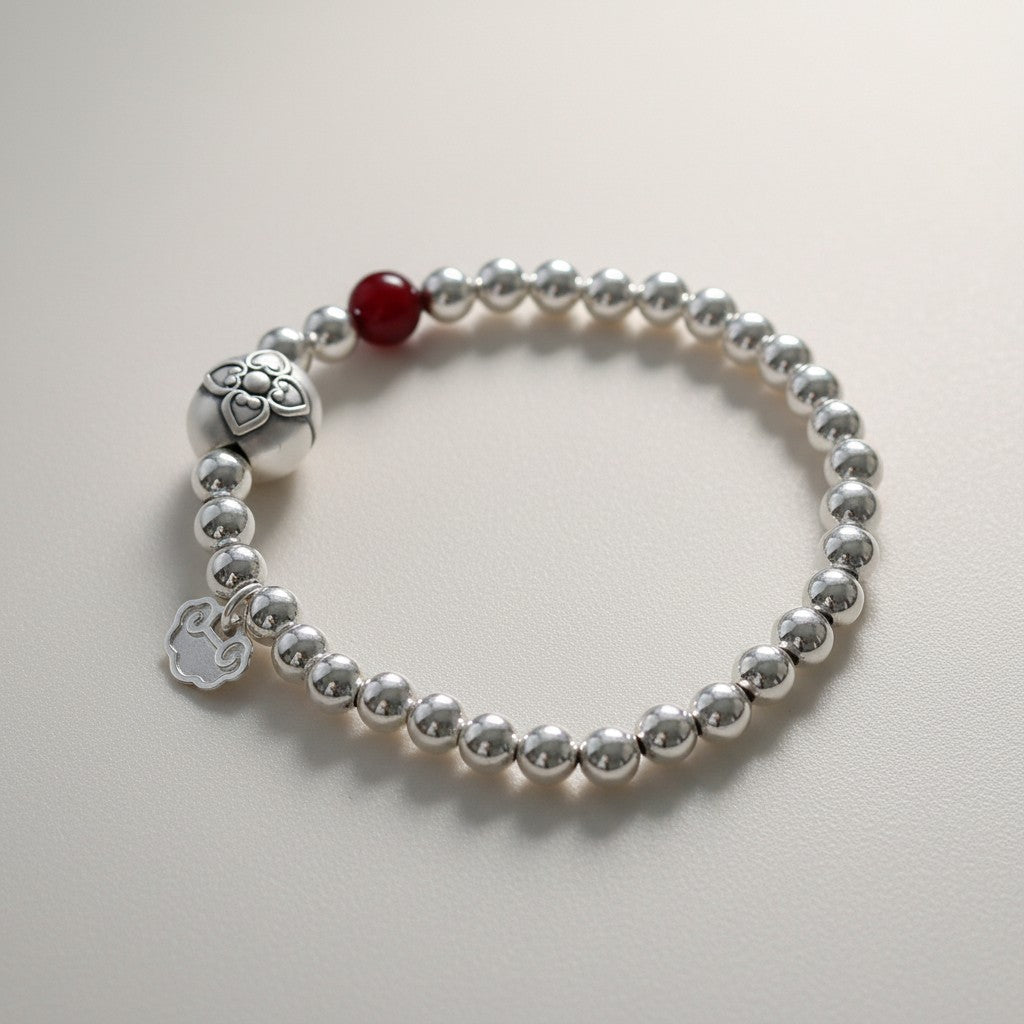 999 Fine Silver Minimal Persimmon Fortune Charm Beads Bracelet