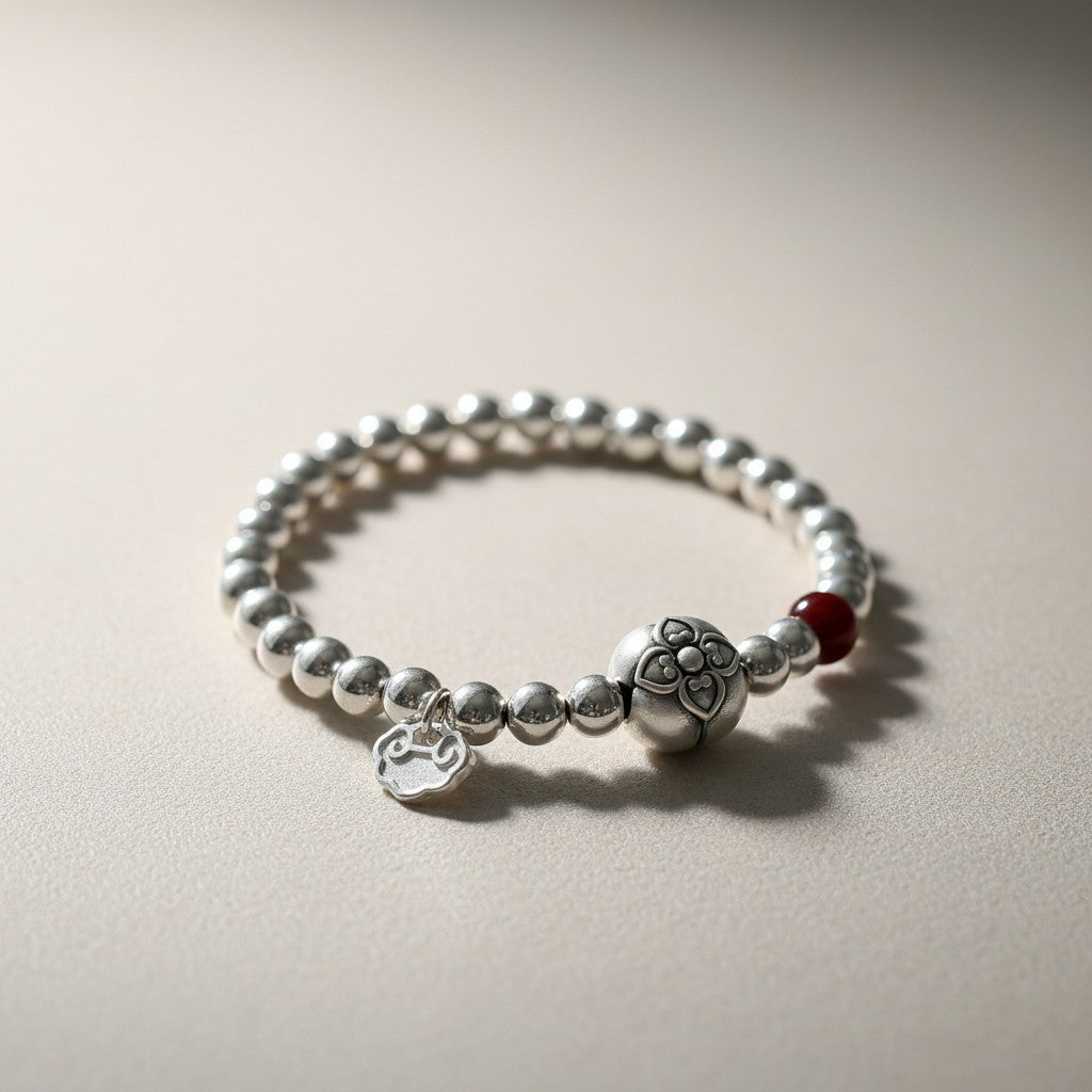 999 Fine Silver Minimal Persimmon Fortune Charm Beads Bracelet