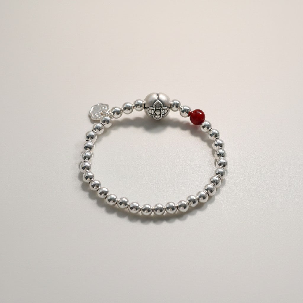 999 Fine Silver Minimal Persimmon Fortune Charm Beads Bracelet
