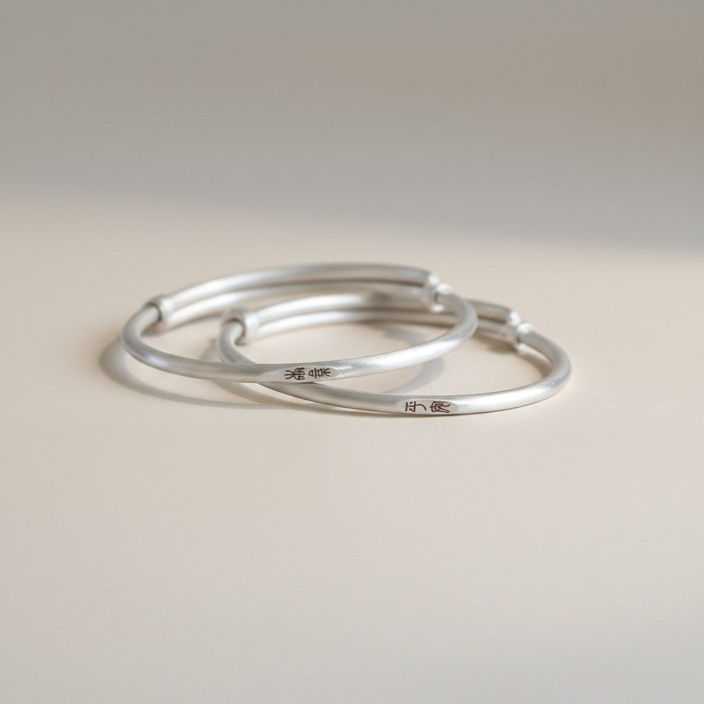 999 Fine Silver Peace and Joy Bangle Minimalist Engraved Bracelet