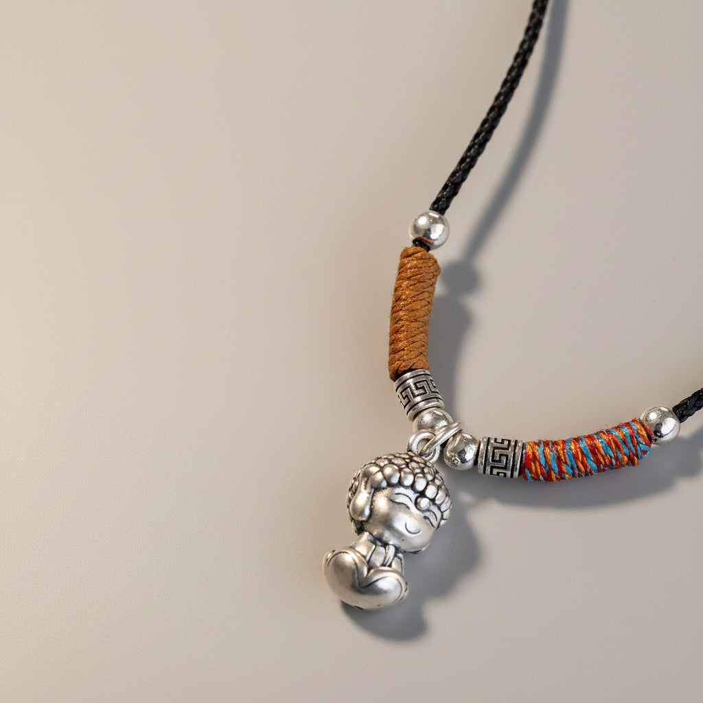 999 Fine Silver Maitreya Buddha Charm "All your wish come true" Cord Necklace