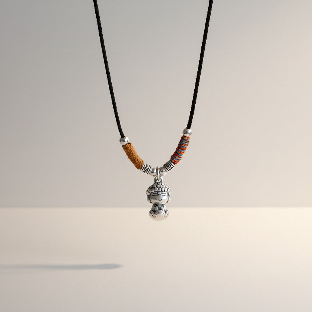 999 Fine Silver Maitreya Buddha Charm "All your wish come true" Cord Necklace