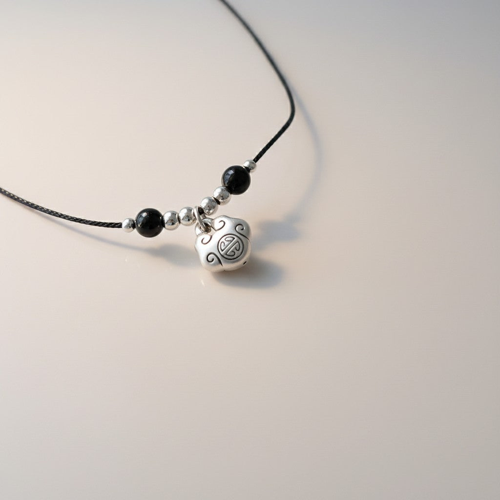 999 Fine Silver Lock Charm Agate Bead Cord Necklace