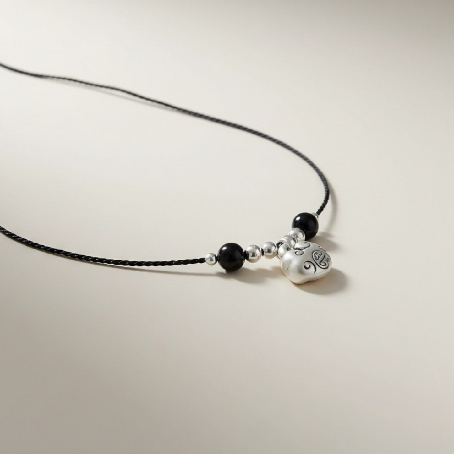 999 Fine Silver Lock Charm Agate Bead Cord Necklace