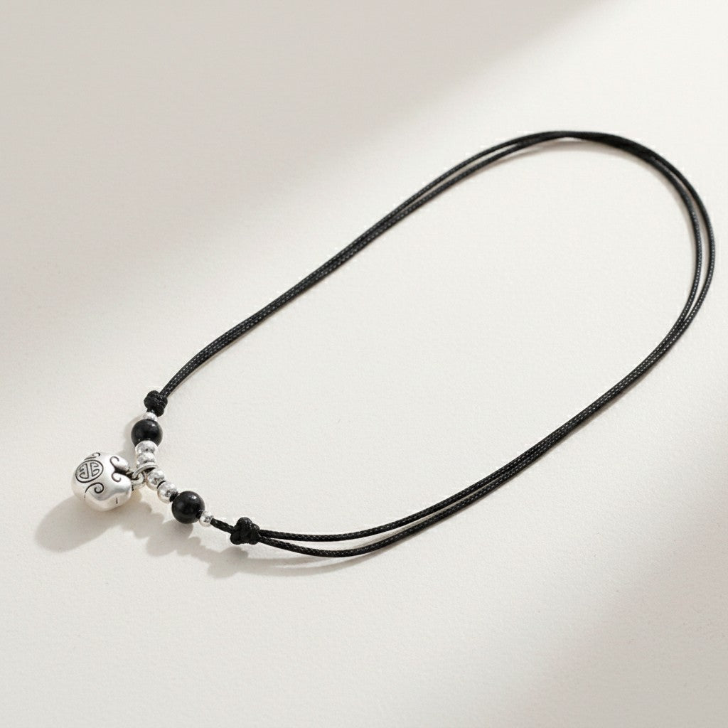 999 Fine Silver Lock Charm Agate Bead Cord Necklace