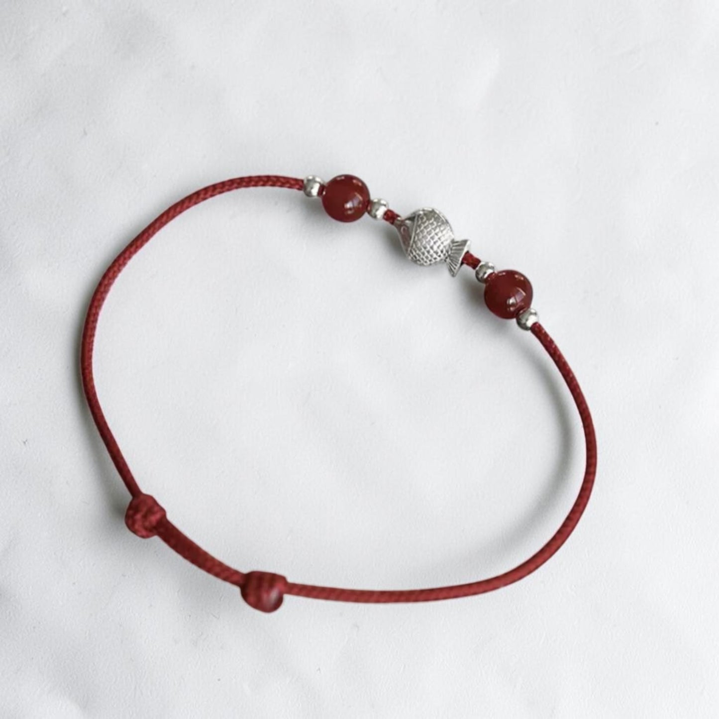 999 Fine Silver Lucky Koi Fish Charm Red Agate Cord Bracelet