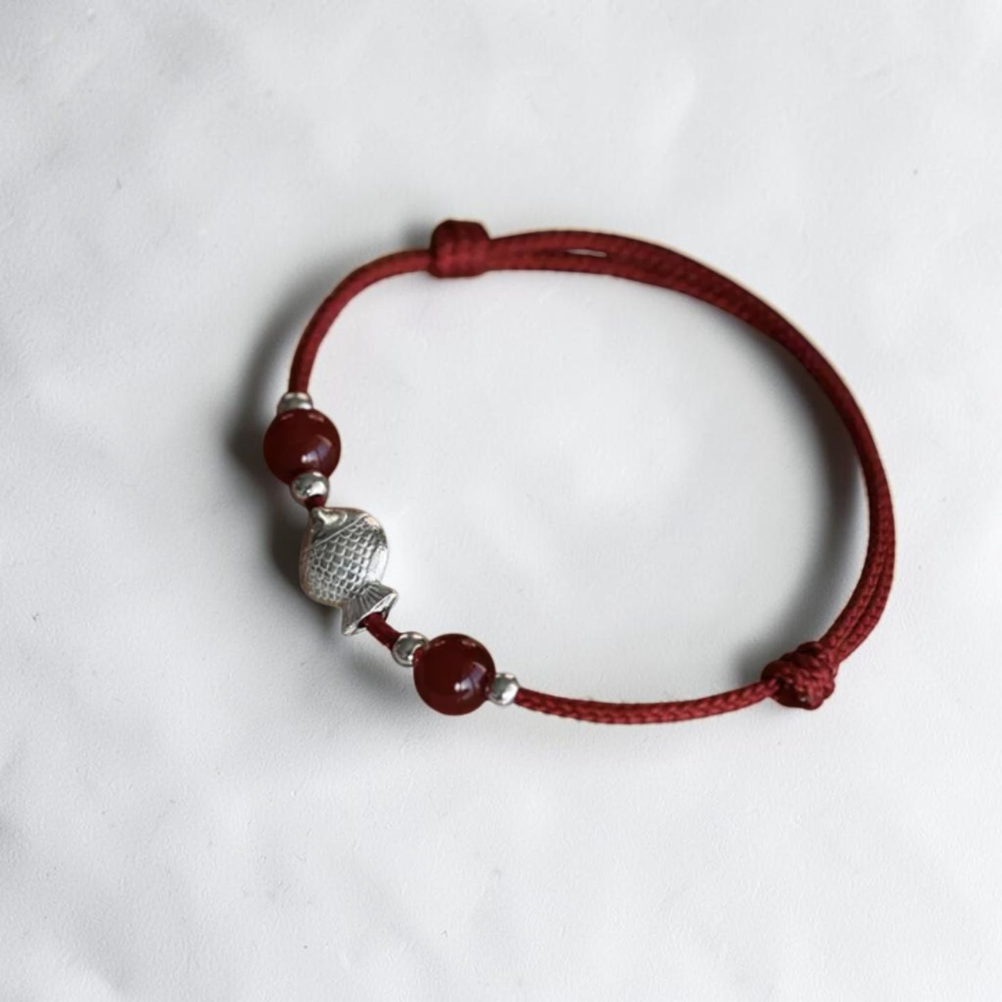 999 Fine Silver Lucky Koi Fish Charm Red Agate Cord Bracelet