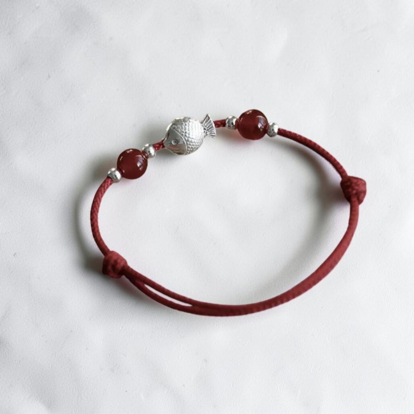 999 Fine Silver Lucky Koi Fish Charm Red Agate Cord Bracelet