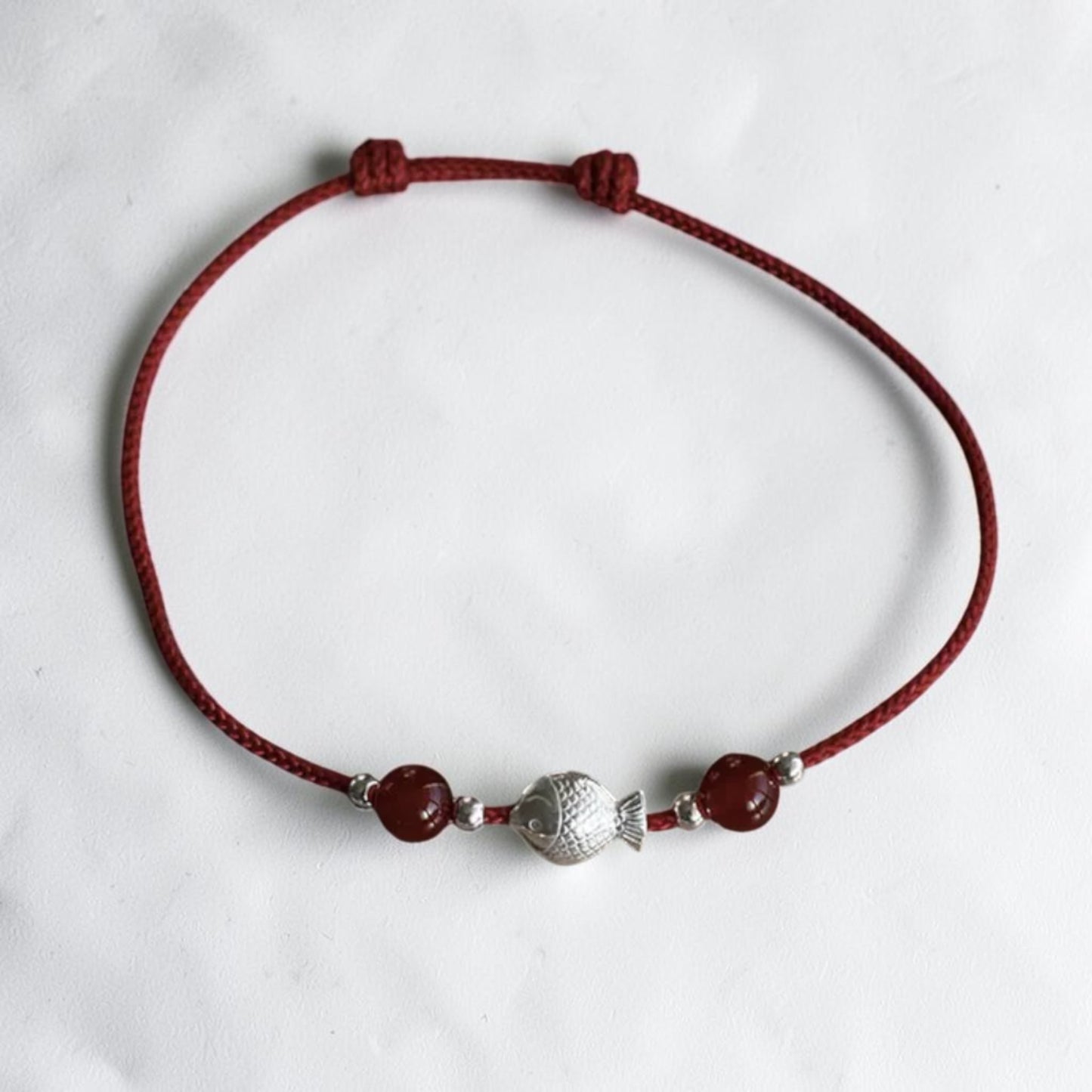 999 Fine Silver Lucky Koi Fish Charm Red Agate Cord Bracelet