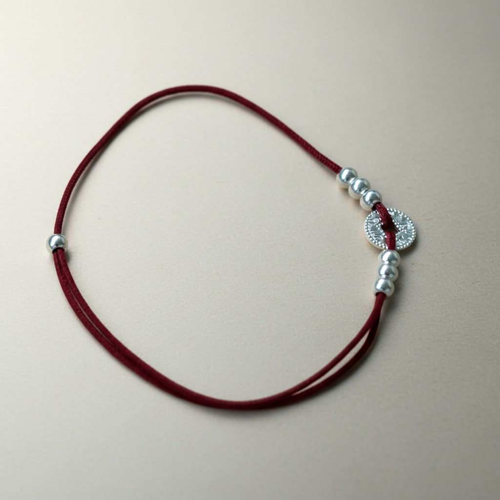 s925 Sterling Silver Sparkling Coin Charm Bring Good Luck Beads Cord Bracelet