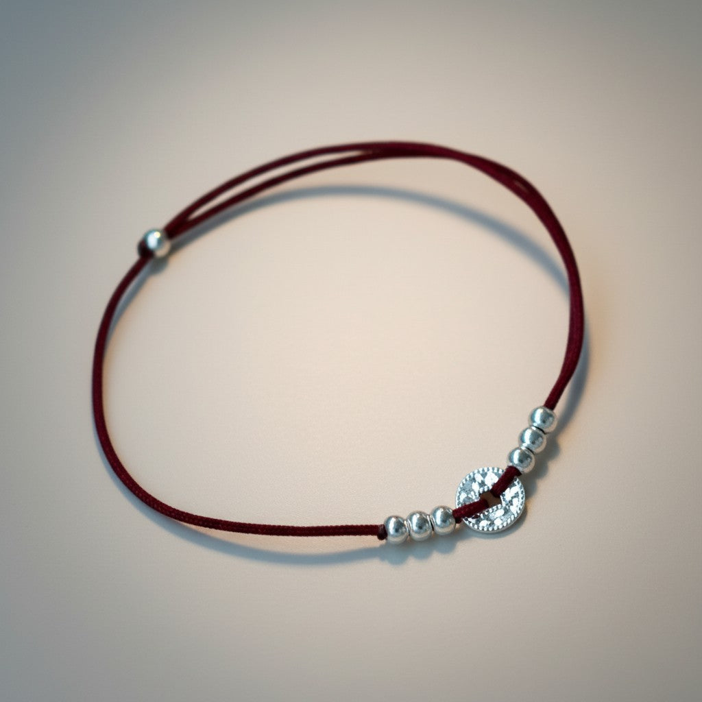 s925 Sterling Silver Sparkling Coin Charm Bring Good Luck Beads Cord Bracelet