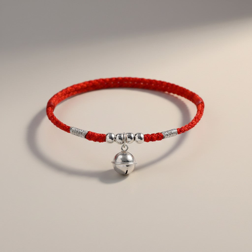 S925 Sterling Silver Bell Charm Minimal Woven Cord Anklet Bracelet Unisex
