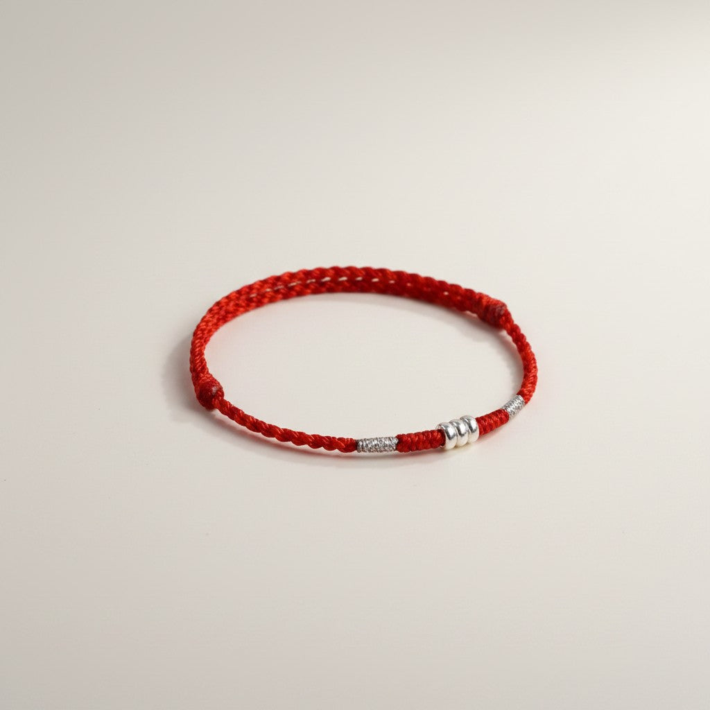 S925 Sterling Silver Thin Minimal Loop Beads Woven Cord Anklet Bracelet