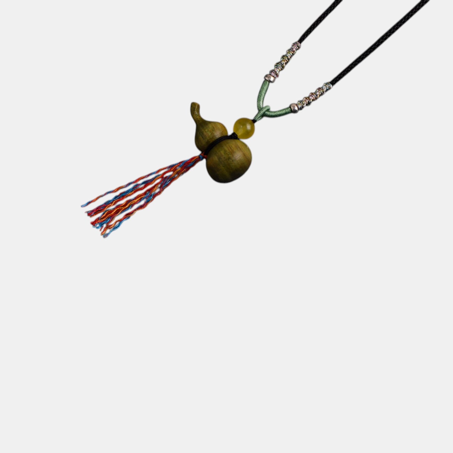 S925 Sterling Silver Charms Natural Green Sandalwood Gourd Pendant Yellow Agate Bead Cord Necklace