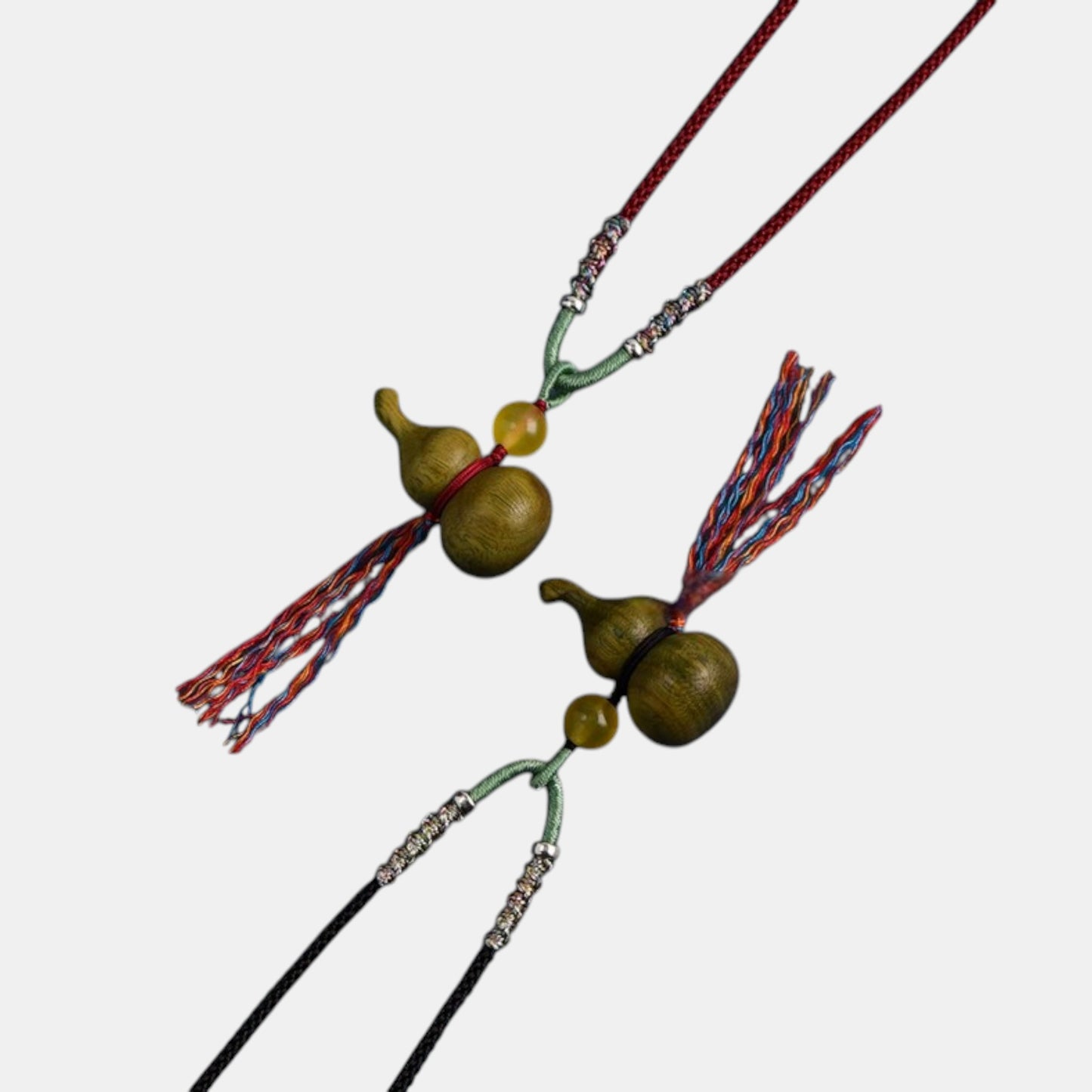 S925 Sterling Silver Charms Natural Green Sandalwood Gourd Pendant Yellow Agate Bead Cord Necklace